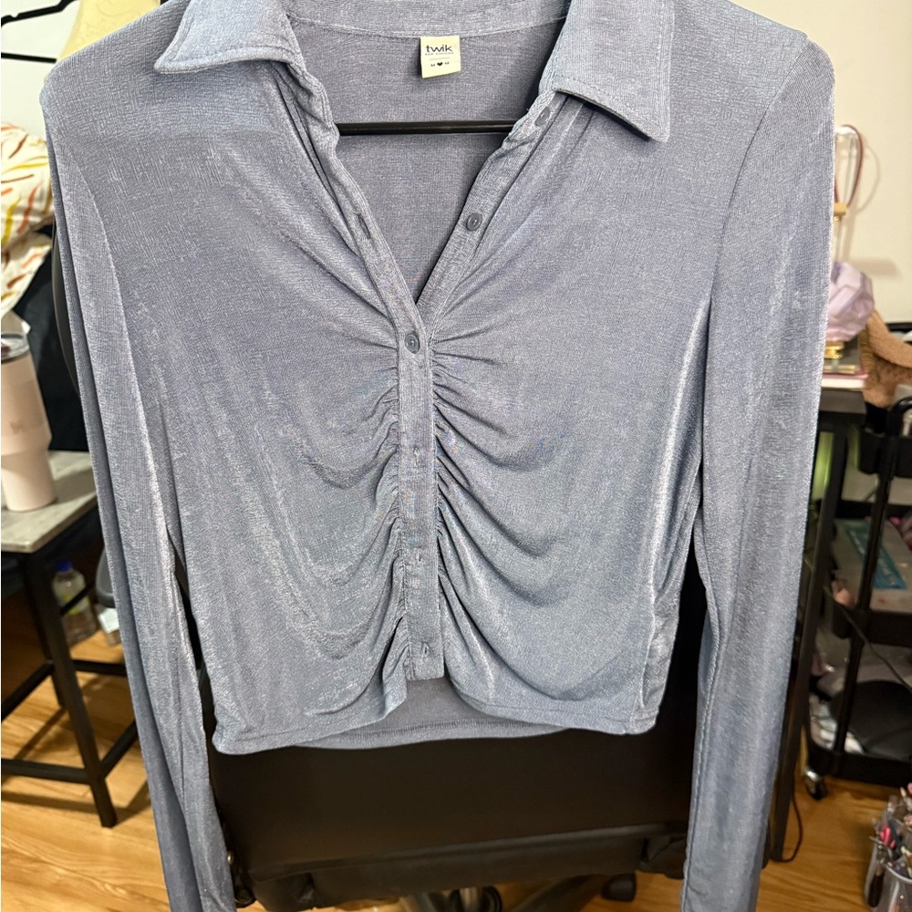 Twik simons Shimmery Gray and orange Ruched Button-Down Collared Top